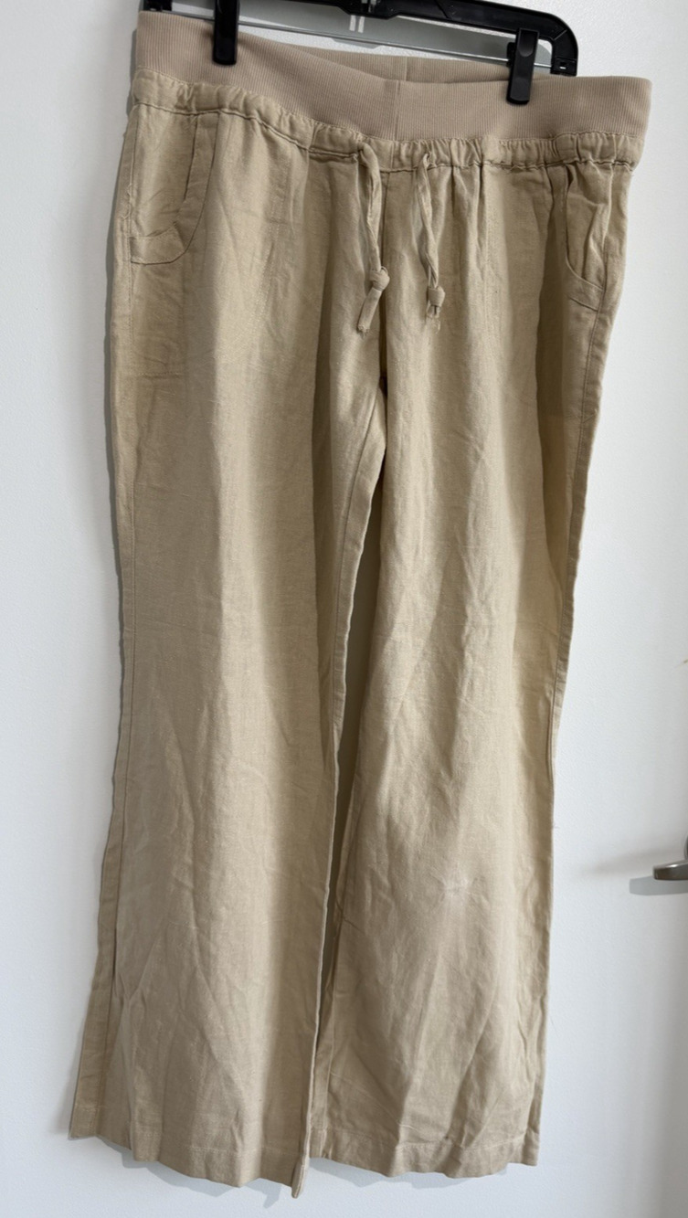 Women's XL Beige Linen Straight Leg pull on Trousers Lagenlook coastal fits M/L